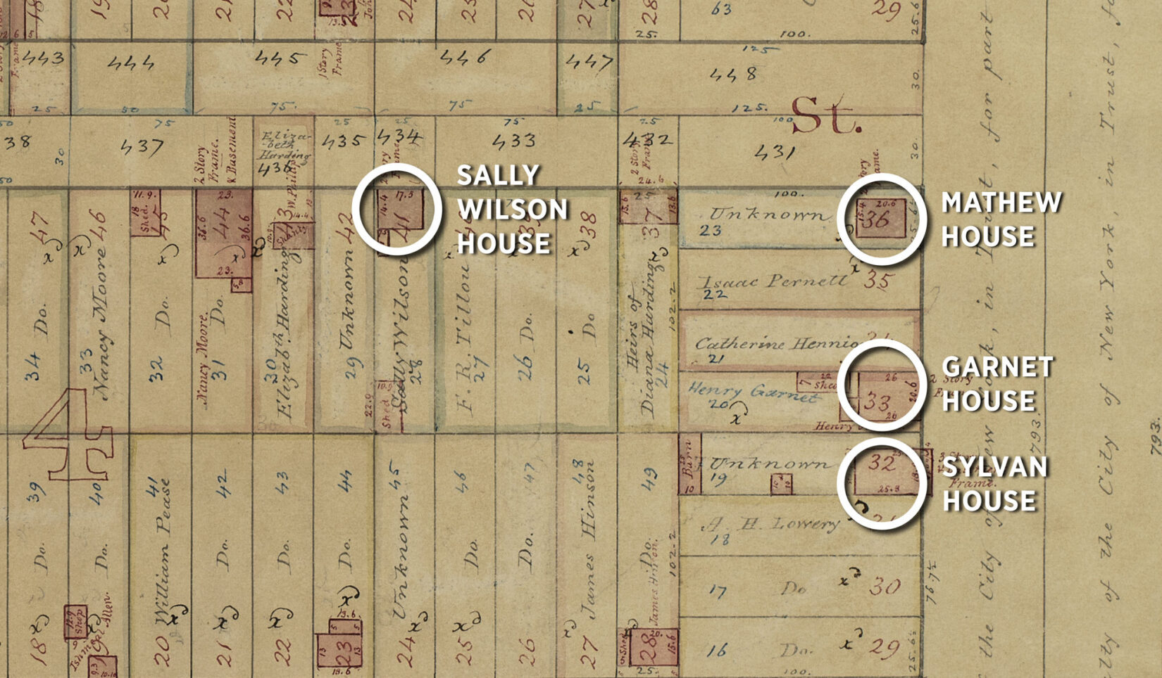 A tan map of a grid, with four squares circled and labeled: Sally Wilson House, Mathew House, Garnet House, and Sylvan House.